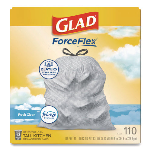 Image of Glad® ForceFlex Tall Kitchen Drawstring Trash Bags, Drawstring, 13 gal, Fresh Clean Scent, 10.19 x 9.81, Gray, 110/Roll, 3/Carton