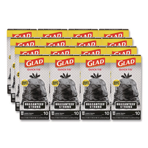 Image of Glad® Large Quick-Tie Trash Bags, Tie-Flap, 30 gal, 0.81 mil, 30 x 33, Black, 10 Bags/Box, 12 Boxes/Carton