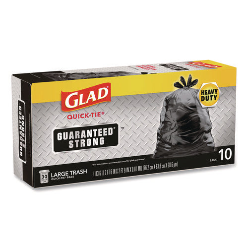 Image of Glad® Large Quick-Tie Trash Bags, Tie-Flap, 30 gal, 0.81 mil, 30 x 33, Black, 10 Bags/Box, 12 Boxes/Carton