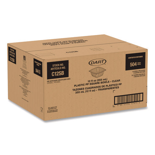 Image of Dart® Square Plastic Bowls, 12 oz, 8.5 x 8.5 x 2.64, Clear, Plastic, 63 Bowls/Sleeve, 8 Sleeves/Carton