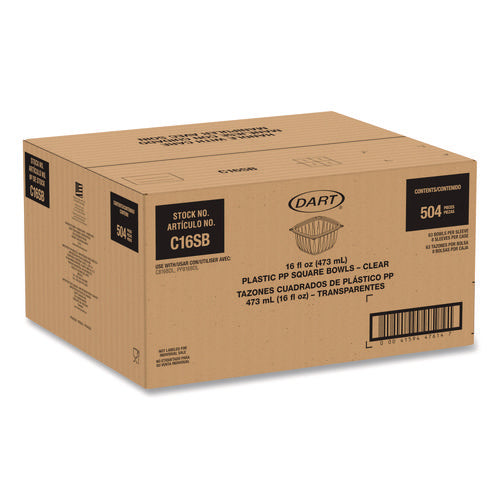 Image of Dart® Square Plastic Bowls, 16 oz, 8.5 x 8.5 x 1.96, Clear, Plastic, 63 Bowls/Sleeve, 8 Sleeves/Carton