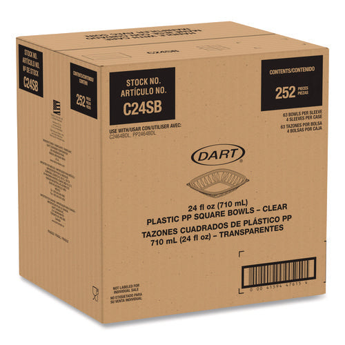 Image of Dart® Square Plastic Bowls, 24 oz, 5 x 5 x 1.99, Clear, Plastic, 63 Bowls/Sleeve, 4 Sleeves/Carton