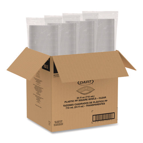 Image of Dart® Square Plastic Bowls, 24 oz, 5 x 5 x 1.99, Clear, Plastic, 63 Bowls/Sleeve, 4 Sleeves/Carton