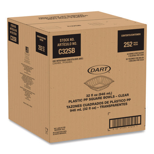 Image of Dart® Square Plastic Bowls, 32 oz, 5 x 5 x 1.49, Clear, Plastic, 63 Bowls/Sleeve, 4 Sleeves/Carton