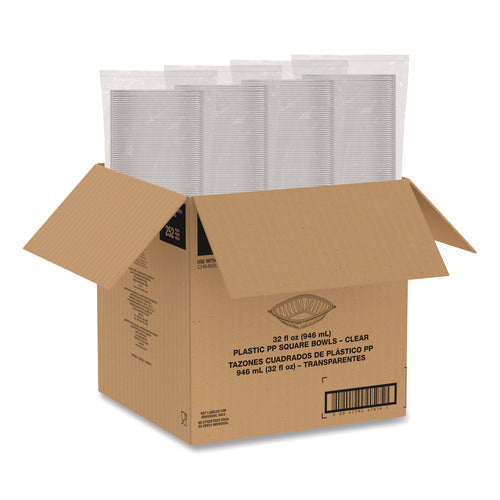 Image of Dart® Square Plastic Bowls, 32 oz, 5 x 5 x 1.49, Clear, Plastic, 63 Bowls/Sleeve, 4 Sleeves/Carton