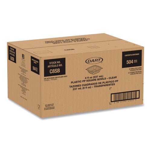 Image of Dart® Square Plastic Bowls, 8 oz, 8.5 x 8.5 x 1.51, Clear, Plastic, 63 Bowls/Sleeve, 8 Sleeves/Carton