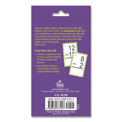 Image of Carson-Dellosa Education Subtraction 0 to 12 Flash Cards, 3.25 x 5.25, Assorted Colors, 54 Cards