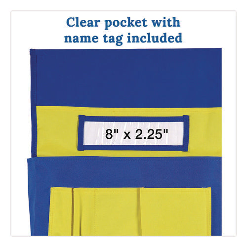 Image of Carson-Dellosa Education Chairback Buddy for Student Chairs with a Back Width Up to 15", Medium, 15 x 1.5 x 19, Fabric, Blue/Yellow