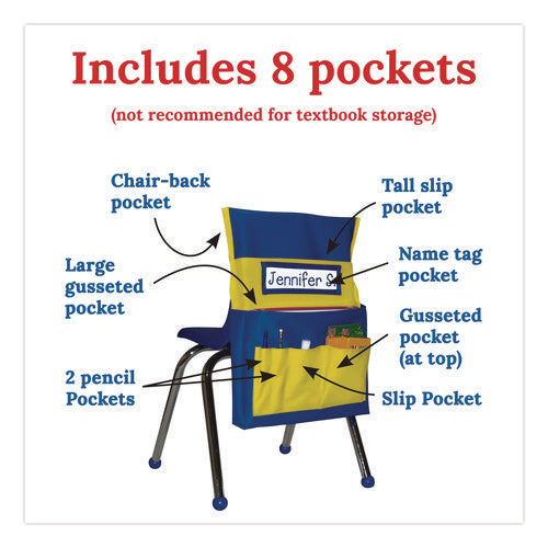 Image of Carson-Dellosa Education Chairback Buddy for Student Chairs with a Back Width Up to 15", Medium, 15 x 1.5 x 19, Fabric, Blue/Yellow