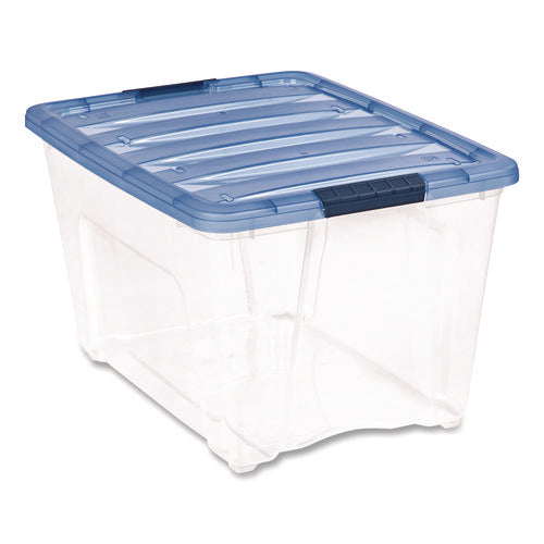 Image of IRIS Stack and Pull Latching Flat Lid Storage Box, 13.5 gal, 22" x 16.5" x 13.03", Clear/Translucent Blue