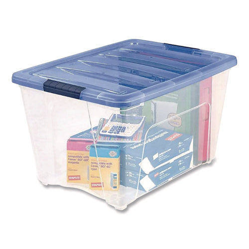 Image of IRIS Stack and Pull Latching Flat Lid Storage Box, 13.5 gal, 22" x 16.5" x 13.03", Clear/Translucent Blue