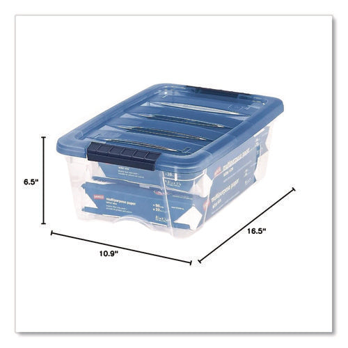 Image of IRIS Stack And Pull Latching Flat Lid Storage Box, 3.23 Gal, 10.9" X 16.5" X 6.5", Clear/translucent Blue