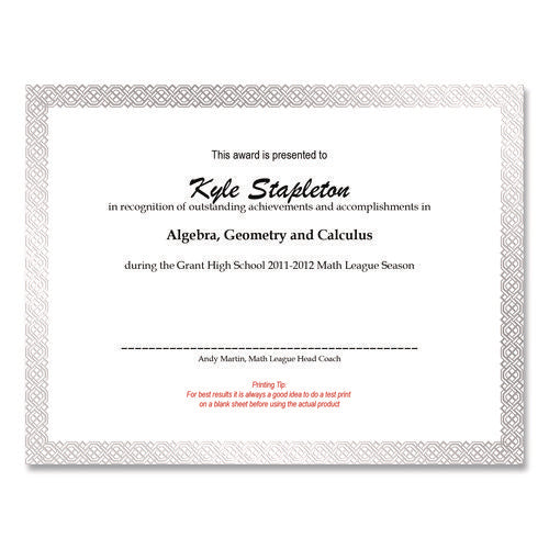 Image of Great Papers!® Foil Border Certificates, 8.5 X 11, White/silver With Braided Silver Border,15/pack