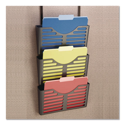 Image of Universal® Recycled Plastic Cubicle Triple File Pocket, Cubicle Pins Mount, 13.5 x 4.75 x 28, Charcoal