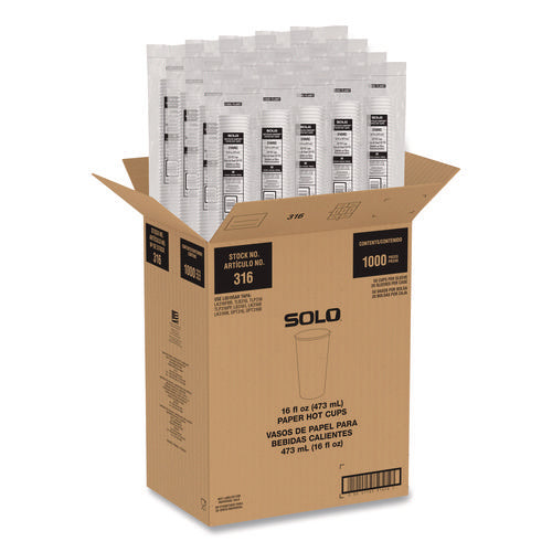 Image of SOLO® Recycled Content PCF Paper Hot Cups, ProPlanet Seal, 16 oz, White/Blue, 1,000/Carton