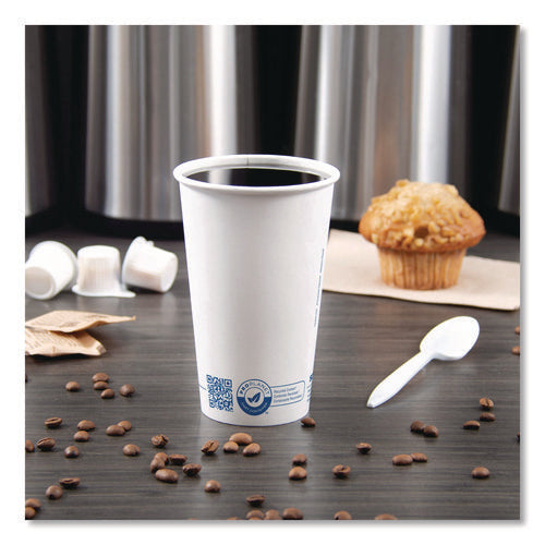 Image of SOLO® Recycled Content PCF Paper Hot Cups, ProPlanet Seal, 16 oz, White/Blue, 1,000/Carton
