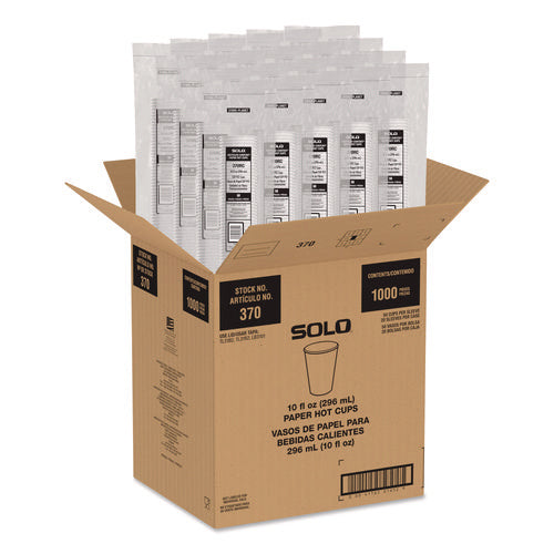 Image of SOLO® Recycled Content PCF Paper Hot Cups, ProPlanet Seal, 10 oz, White/Blue, 1,000/Carton