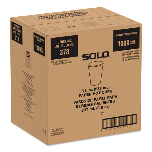 Image of SOLO® Recycled Content PCF Paper Hot Cups, ProPlanet Seal, 8 oz, White/Blue, 1,000/Carton