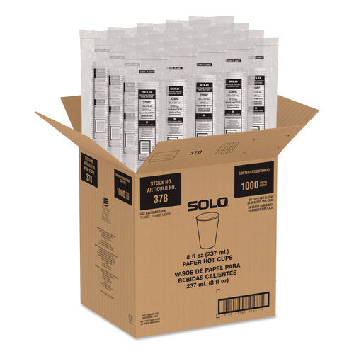 Image of SOLO® Recycled Content PCF Paper Hot Cups, ProPlanet Seal, 8 oz, White/Blue, 1,000/Carton