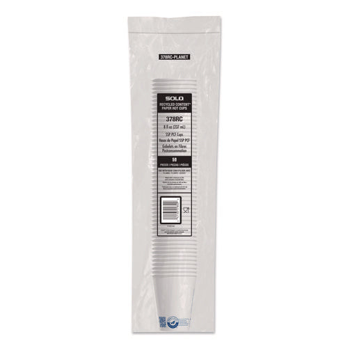 Image of SOLO® Recycled Content PCF Paper Hot Cups, ProPlanet Seal, 8 oz, White/Blue, 1,000/Carton
