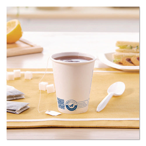 Image of SOLO® Recycled Content PCF Paper Hot Cups, ProPlanet Seal, 8 oz, White/Blue, 1,000/Carton