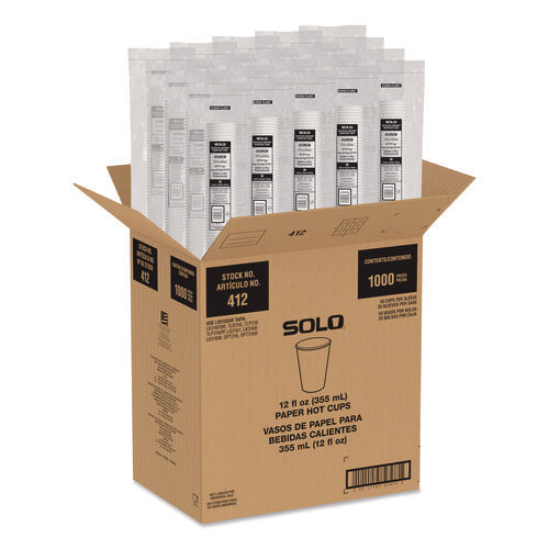 Image of SOLO® Recycled Content PCF Paper Hot Cups, ProPlanet Seal, 12 oz, White/Blue, 1,000/Carton