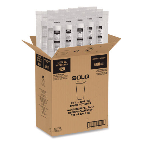 Image of SOLO® Recycled Content PCF Paper Hot Cups, ProPlanet Seal, 20 oz, White/Blue, 600/Carton