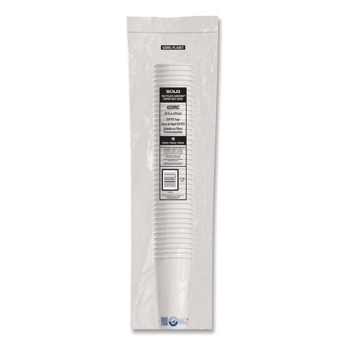 Image of SOLO® Recycled Content PCF Paper Hot Cups, ProPlanet Seal, 20 oz, White/Blue, 600/Carton