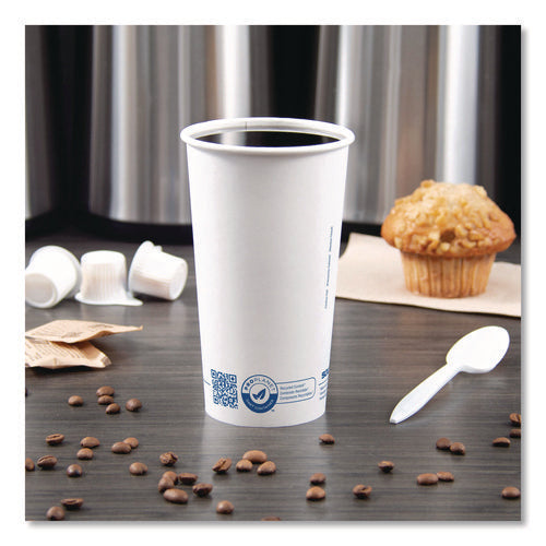 Image of SOLO® Recycled Content PCF Paper Hot Cups, ProPlanet Seal, 20 oz, White/Blue, 600/Carton
