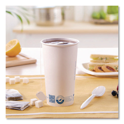 Image of SOLO® Recycled Content PCF Paper Hot Cups, ProPlanet Seal, 20 oz, White/Blue, 600/Carton
