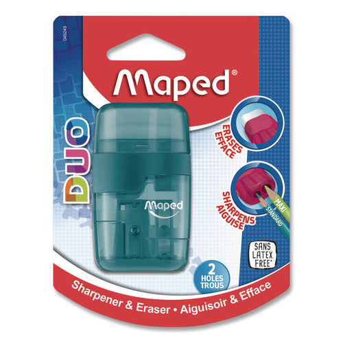 Image of Maped Helix DUO 2-Hole Canister Pencil Sharpener/Eraser Combo, 3.74 x 1.08 x 4.92, Randomly Assorted Colors