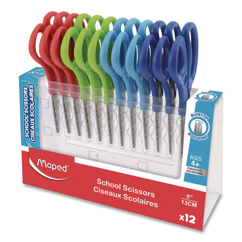 Image of Maped Helix Essential Blunt School Scissors School Pack, Rounded Tip, 5.35" Long, 2" Cut Length, Straight Assorted Handle, Dozen
