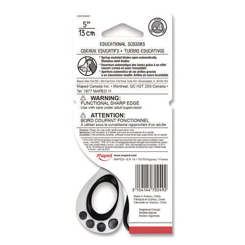 Image of Maped Helix Kidy Spring-Assisted Educational Scissors Rounded Tip, 5.41" Long, 2" Cut Length, Straight White/ Black Handle