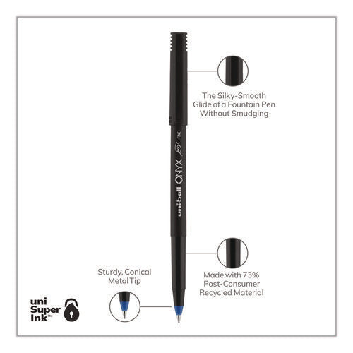Image of uniball® ONYX Rollerball Pen, Stick, Fine 0.7 mm, Blue Ink, Black/Blue Barrel, 72/Pack