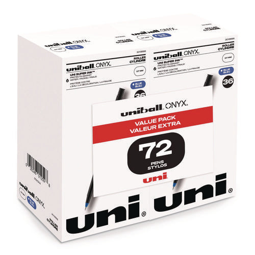 Image of uniball® ONYX Rollerball Pen, Stick, Fine 0.7 mm, Blue Ink, Black/Blue Barrel, 72/Pack