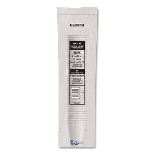 Image of SOLO® Recycled Content PCF Paper Hot Cups, ProPlanet Seal, 8 oz, White, 50/Pack