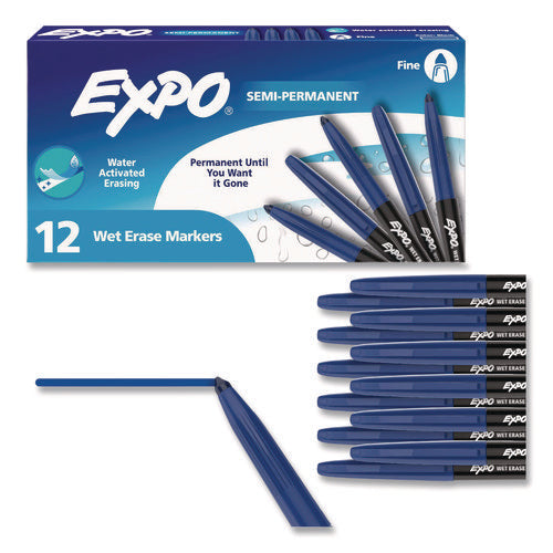 Image of EXPO® Wet Erase Markers, Fine Needle Tip, Blue, 12/Pack