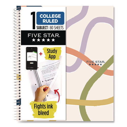 Image of Five Star® Simple Waves Organic Lines Notebook w/ Study App, 1-Subject, Med/College Rule, Assorted Cover Color (80) 11 x 8.5 Sheets