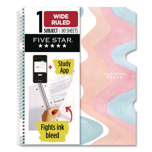 Image of Five Star® Brushy Moves Pastel Waves Design Notebook w/ Study App, 1-Subject, Wide/Legal Rule, Assorted Cover Color, (80)11 x 8.5 Sheets