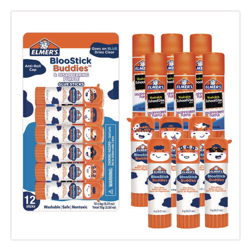 Image of Elmer's® BlooStick Buddies and Disappearing Purple Glue Stick Combo Pack, 0.21 oz, Dries Clear, 12/Pack