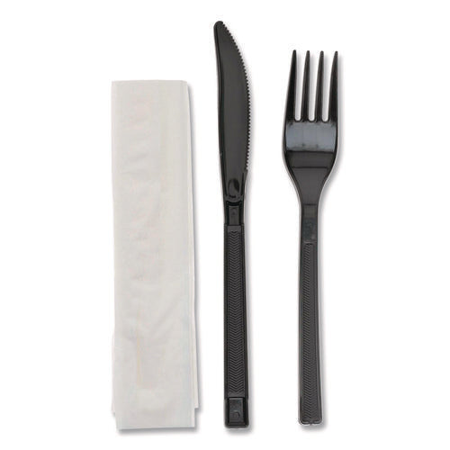 Image of Pactiv Evergreen Gardenware Cutlery Kit, Individually Wrapped, Heavyweight, Fork/Knife/Napkin, Plastic, Black, 500/Carton