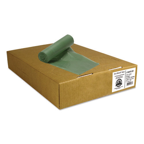 Image of Heritage Eco Blend Max Can Liners, 60 gal, 0.8 Mil, 38" x 58", Green, 20 Bags/Roll, 5 Rolls/Carton
