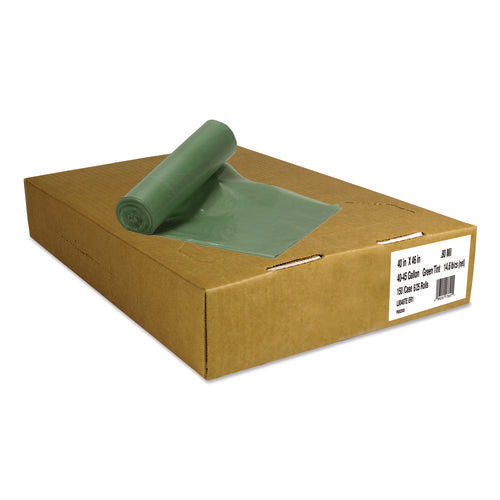 Image of Heritage Eco Blend Max Can Liners, 45 gal, 0.8 mil, 40" x 46", Green, 25 Bags/Roll, 6 Rolls/Carton