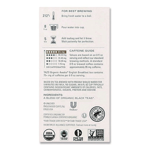 Image of Tazo® Tea Bags, Organic Awake English Breakfast, 16/Box