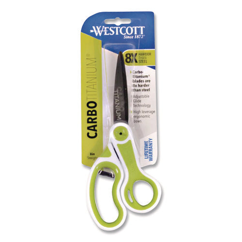 Image of Westcott® CarboTitanium Bonded Scissors, 8" Long, 3.25" Cut Length, Straight White/Green Handle