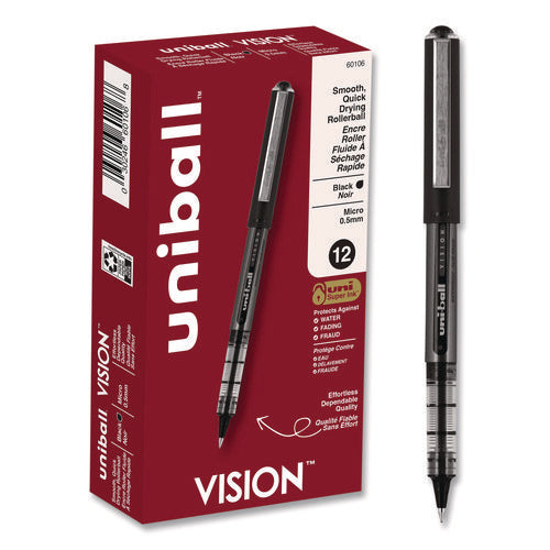 Image of uniball® VISION Rollerball Pen, Stick, Extra-Fine 0.5 mm, Black Ink, Gray/Black/Clear Barrel, Dozen