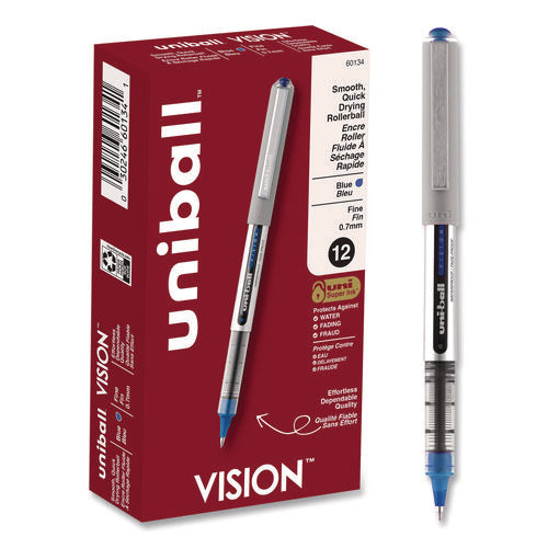 Image of uniball® VISION Rollerball Pen, Stick, Fine 0.7 mm, Blue Ink, Silver/Blue/Clear Barrel, Dozen