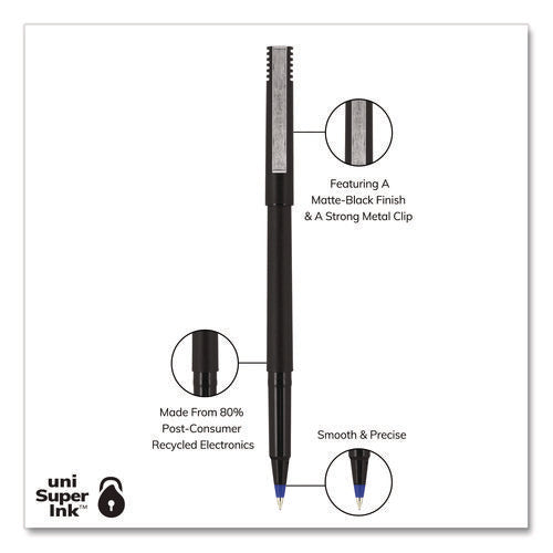 Image of uniball® Rollerball Pen, Stick, Extra-Fine 0.5 mm, Blue Ink, Black/Blue Barrel, Dozen