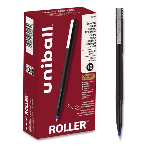 Image of uniball® Rollerball Pen, Stick, Extra-Fine 0.5 mm, Blue Ink, Black/Blue Barrel, Dozen