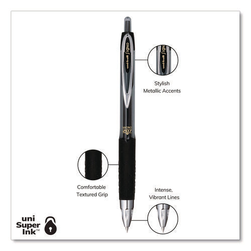 Image of uniball® Signo 207 Gel Pen, Retractable, Fine 0.5 mm, Black Ink, Smoke/Black Barrel, Dozen